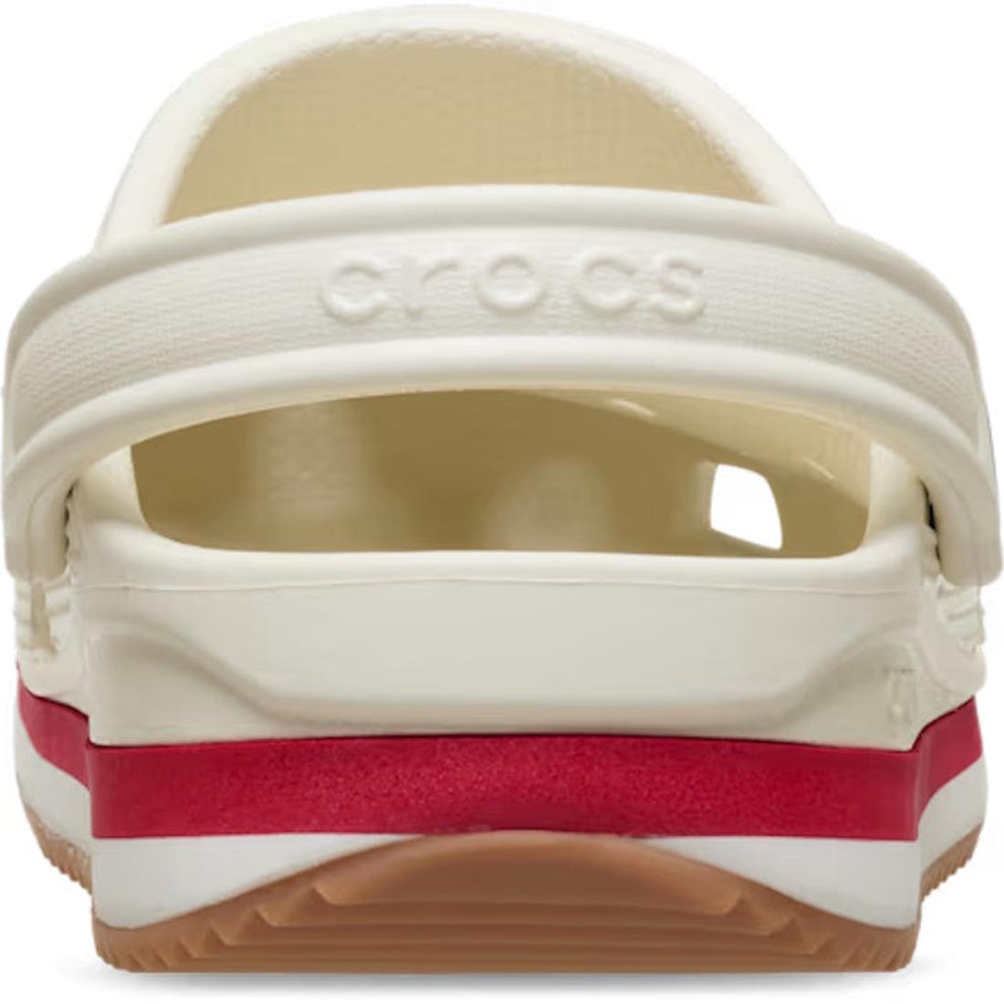 Rear view of the Crocs Adults Crocband Runner Summit White, featuring a red stripe on the sole, brown outsole, retro sneaker-inspired design, adjustable heel strap, side ventilation holes, and lightweight cushioning for comfort., 198445412417, 19844541242