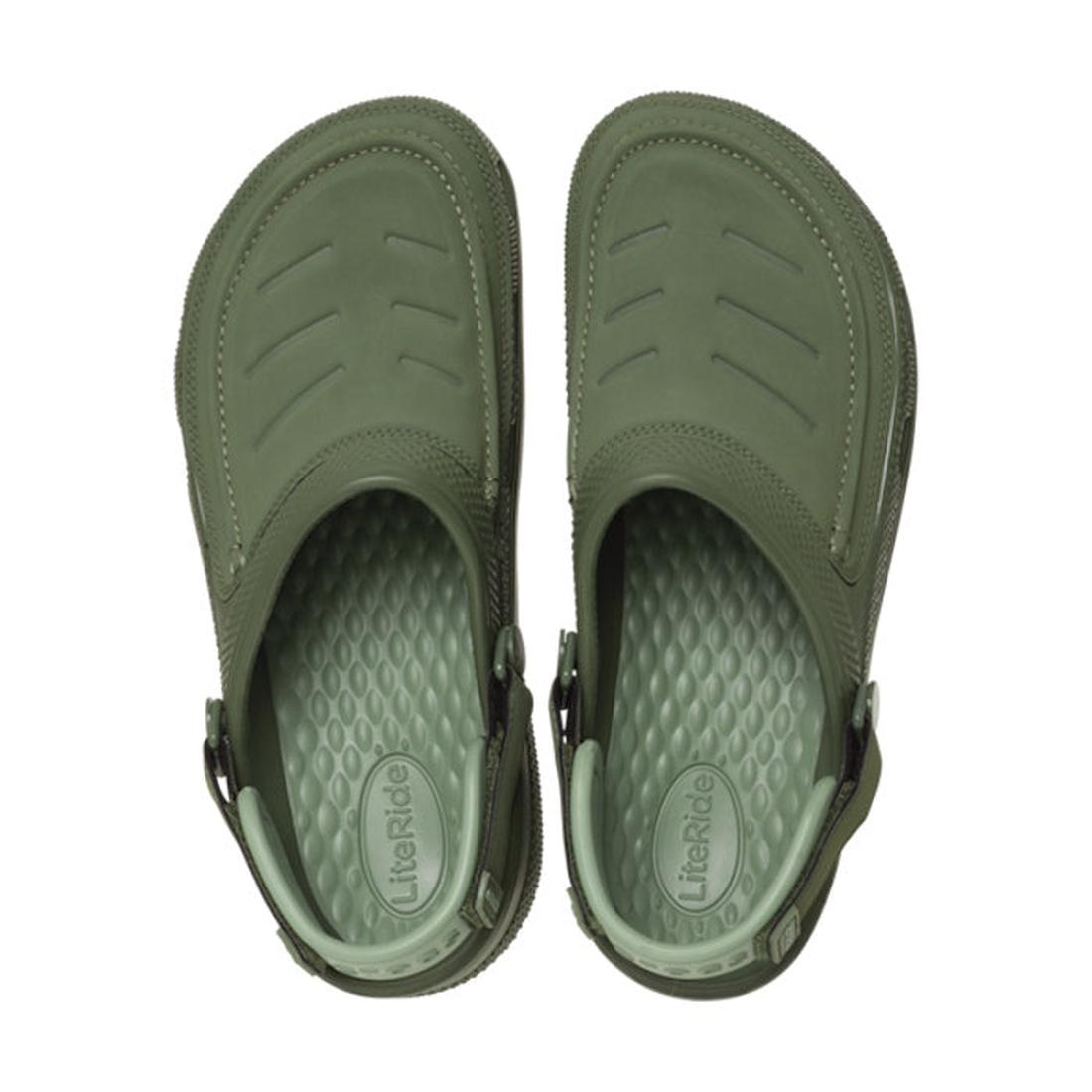 A pair of Crocs Mens Yukon Vista II LR LiteRide Clogs in Army Green, featuring faux leather uppers, adjustable back straps, and light green textured LiteRide insoles, viewed from above., 48486, 48487, 198445103926, 198445103841, 198445103858, 198445103865