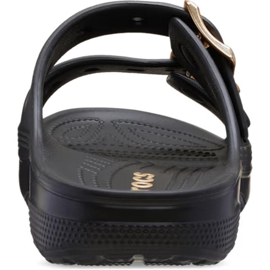 Rear view of a black Crocs Womens Classic Metallic Buckle Saturday Sandal Slide, featuring a textured sole, adjustable top straps, and a gold buckle on the right. "CROCS" is partially visible on the footbed for signature comfort., 50021, 198445392788, 198