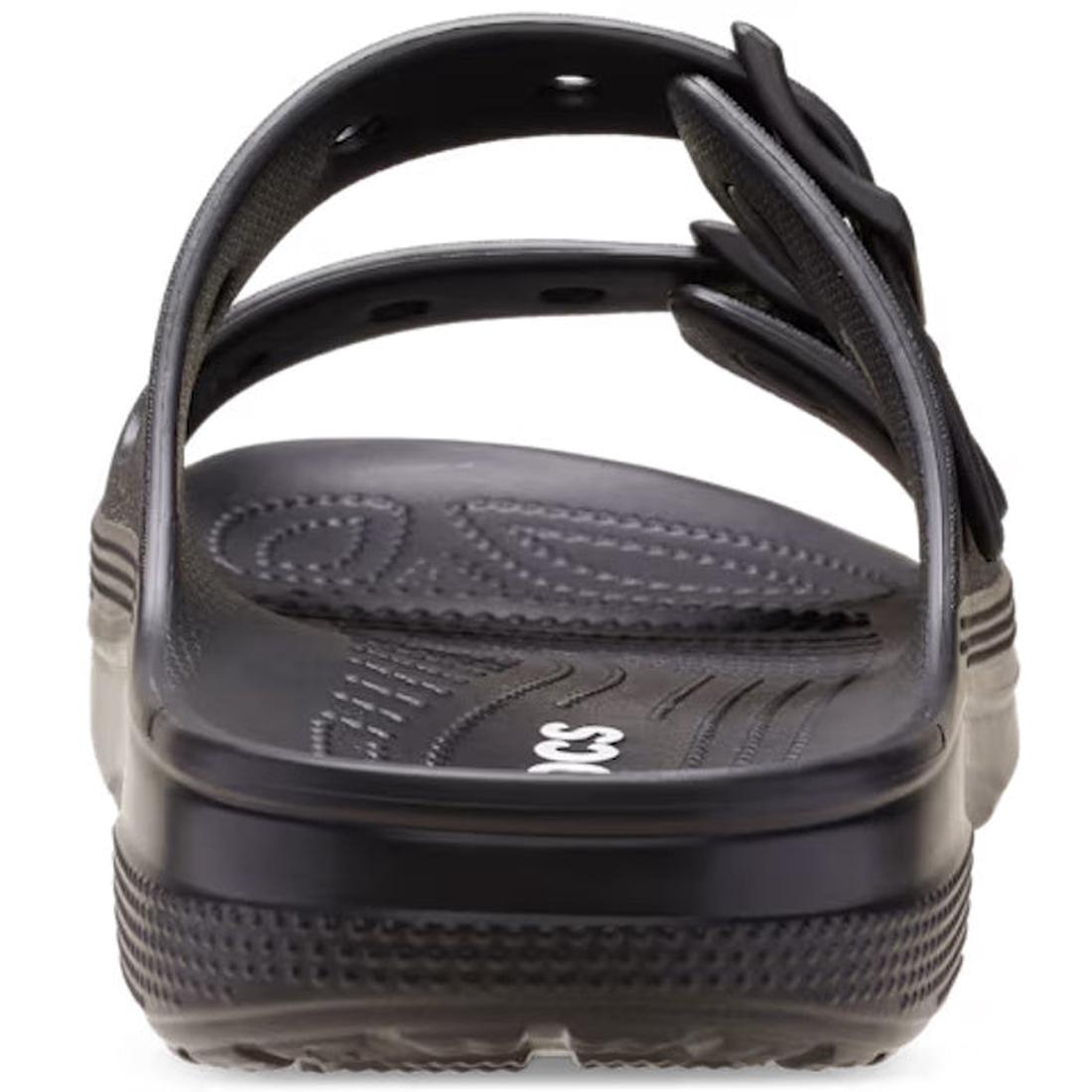 The Crocs Womens Classic Saturday Sandal Slide Black features a textured footbed, two upper straps for comfort, and the brand name on the insole—an ideal choice for women's black slide sandals., 198445397332, 198445397349, 198445397356, 198445397363, 1984