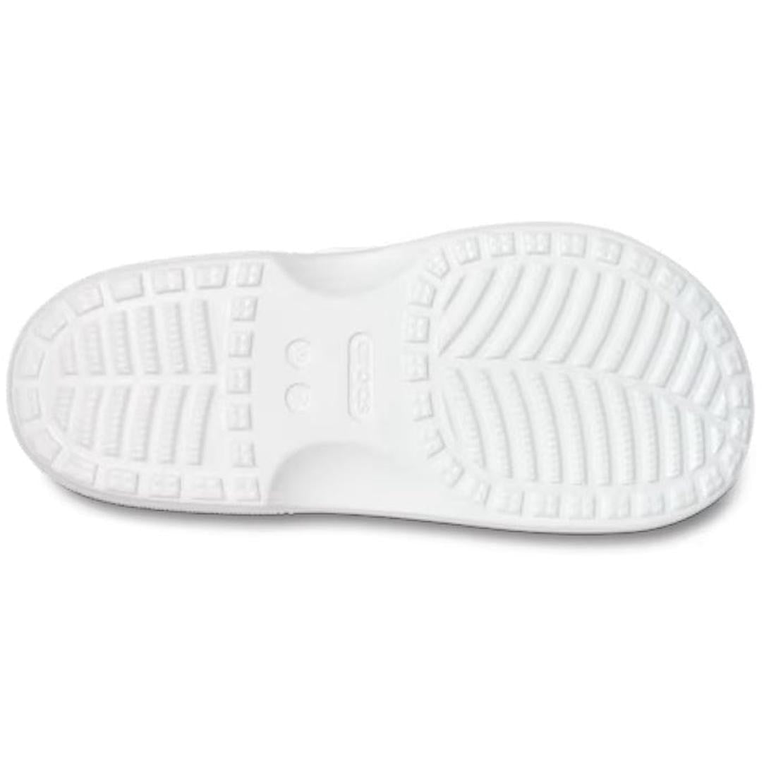 The image shows the sole of the Crocs Womens Classic Saturday Sandal Slide White, featuring a textured tread with rectangular and curved grooves for grip. The Crocs brand name is centered, emphasizing signature Crocs Comfort., 50014, 50015, 198445397431, 