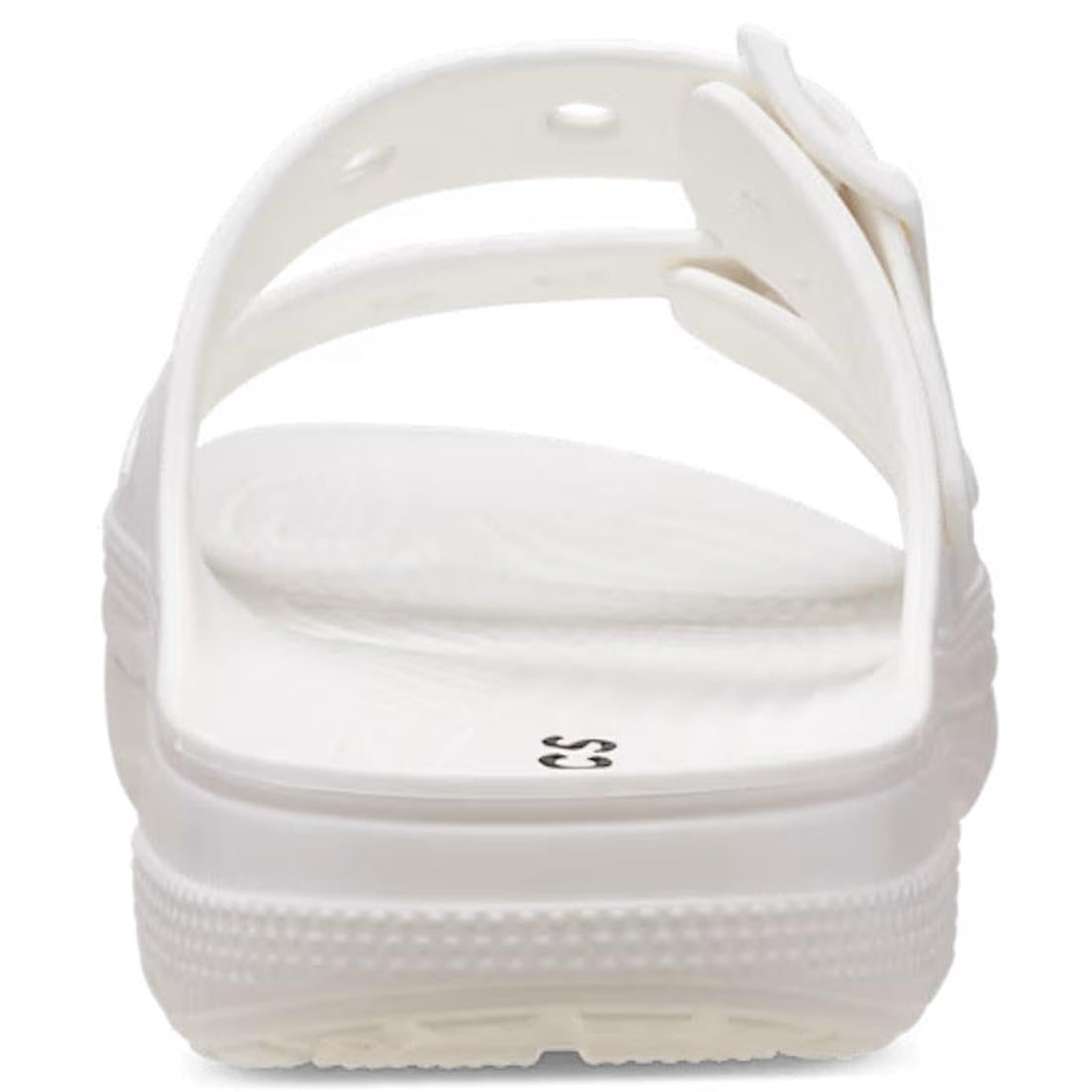 Close-up rear view of the Crocs Womens Classic Saturday Sandal Slide White, featuring Crocs Comfort, an adjustable strap, a textured sole, and size marking C5 inside., 50014, 50015, 198445397431, 198445397448, 198445397455, 50019, 50020