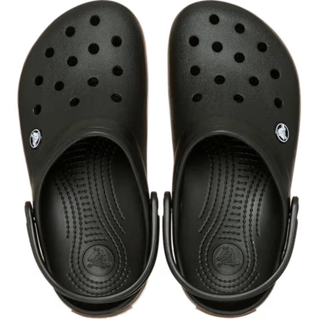 The Crocs Adults Crocband Gum Clog Black Unisex features classic ventilation holes, adjustable heel straps, and signature Croslite foam for comfort, shown from above., 50028, 198445372889, 198445372896, 198445372902, 198445372919, 198445372926, 1984453728, 198445372834, 198445372841, 198445372858, 198445372865