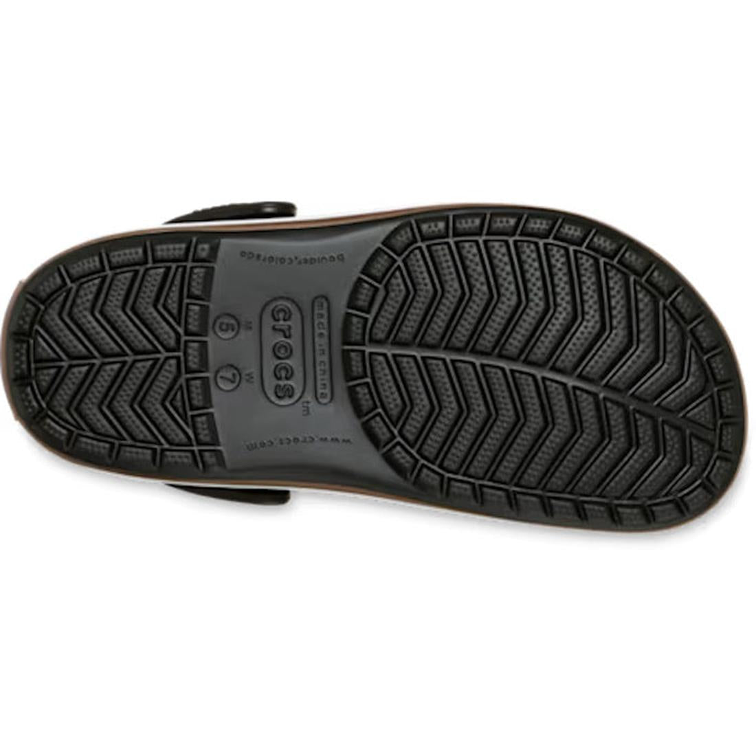 The image displays the bottom of a Crocs Adults Crocband Gum Clog Black Unisex, showing its textured, non-slip gum rubber sole with zigzag and dotted tread, plus the Crocs logo, size details, and Croslite foam in the center., 50028, 198445372889, 19844537, 198445372896, 198445372902, 198445372919, 198445372926, 198445372834, 198445372841, 198445372858, 198445372865