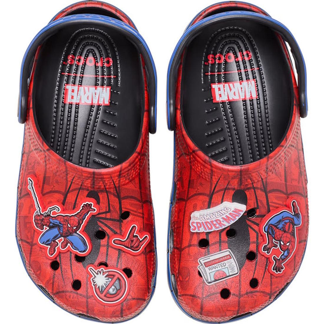 The Crocs Toddlers Spider-Man Web Classic Clog Red features a black web pattern and Spider-Man Jibbitz, including Spidey, web shapes, and Marvel logos. Perfect for young Spider-Man fans!., 198445263248, 198445263217, 198445263255, 198445263262, 1984452632