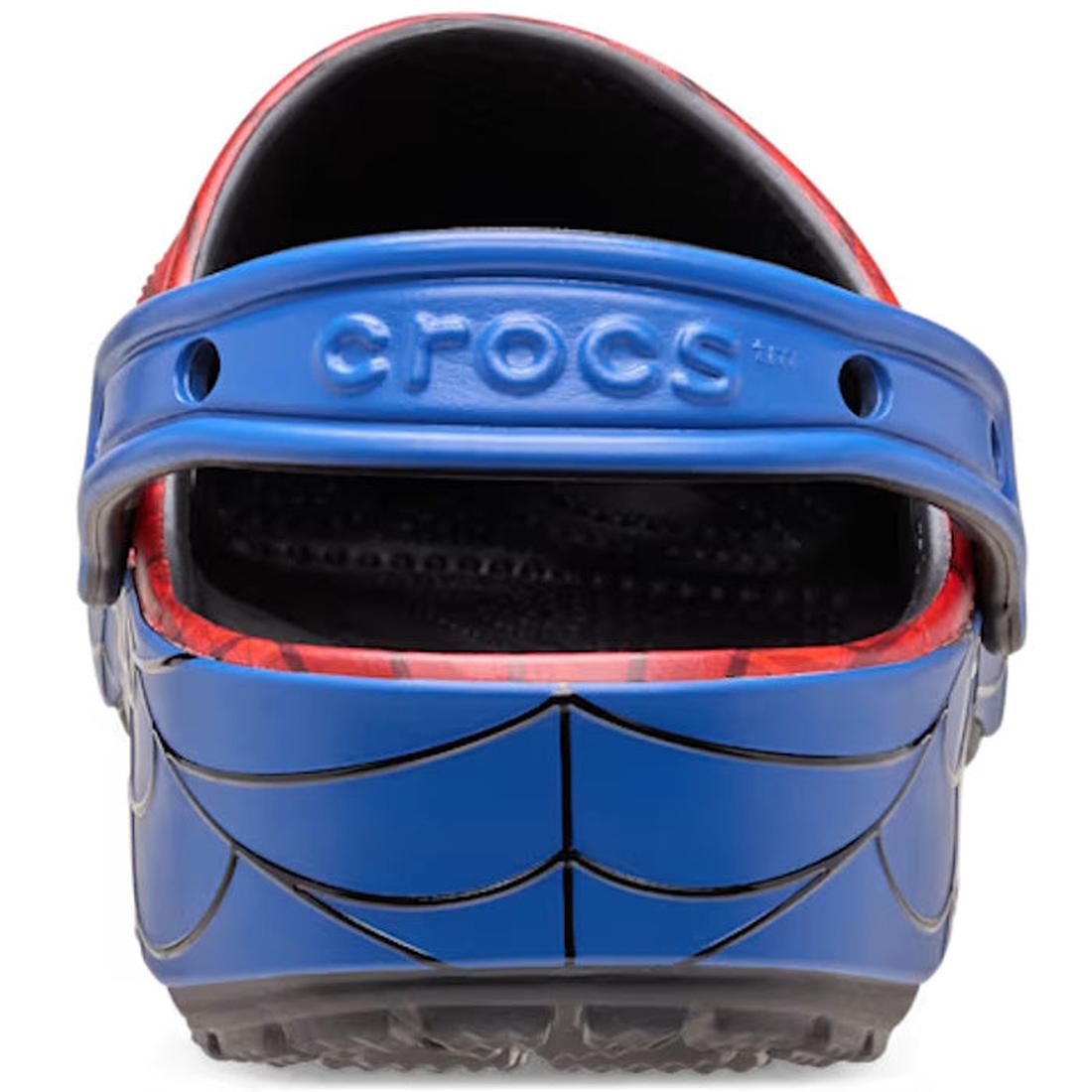 Rear view of the Crocs Kids Spider-Man Web Classic Clog Red for juniors, showing a blue and red web pattern, blue heel strap, and embossed CROCS logo., 198445263125, 198445263132, 198445263149, 198445263156, 198445263163, 198445263170, 198445263187, 48265
