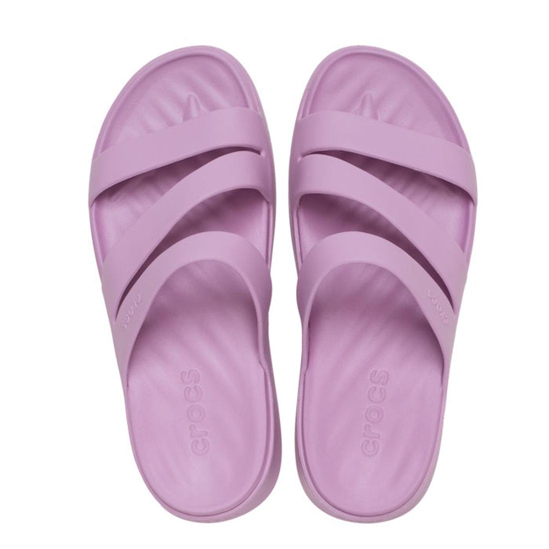 The Crocs Womens Getaway Strappy Hydrangea Purple Slide features two wide crisscross straps, textured footbeds with Free Feel Technology, and "crocs" embossed on the inner heel., 48493, 48494, 198445200007, 198445200014, 198445200021, 48498, 48499