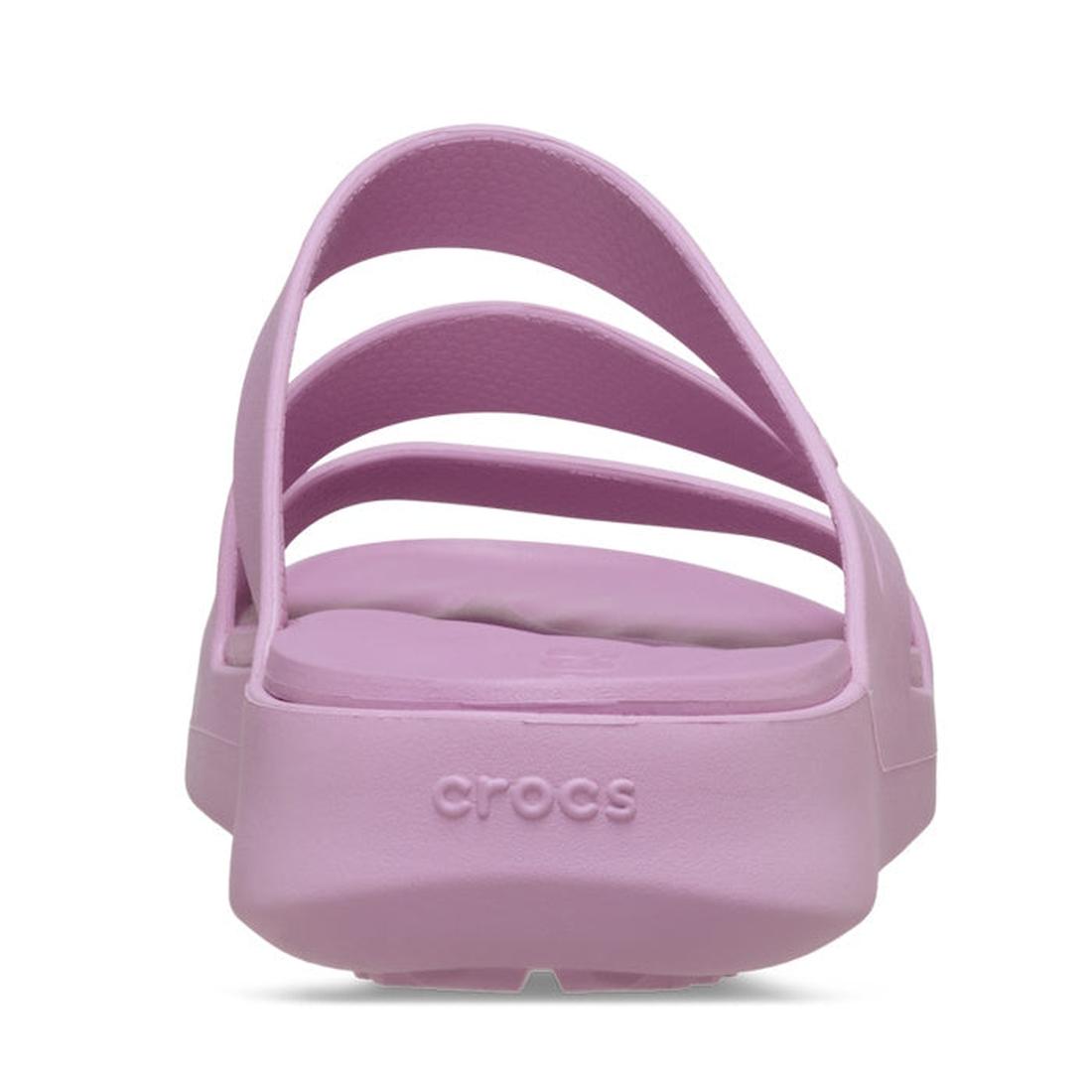 A back view of the Crocs Womens Getaway Strappy Hydrangea Purple Slide, showcasing three horizontal straps with Free Feel Technology and the Crocs logo embossed on the heel., 48493, 48494, 198445200007, 198445200014, 198445200021, 48498, 48499