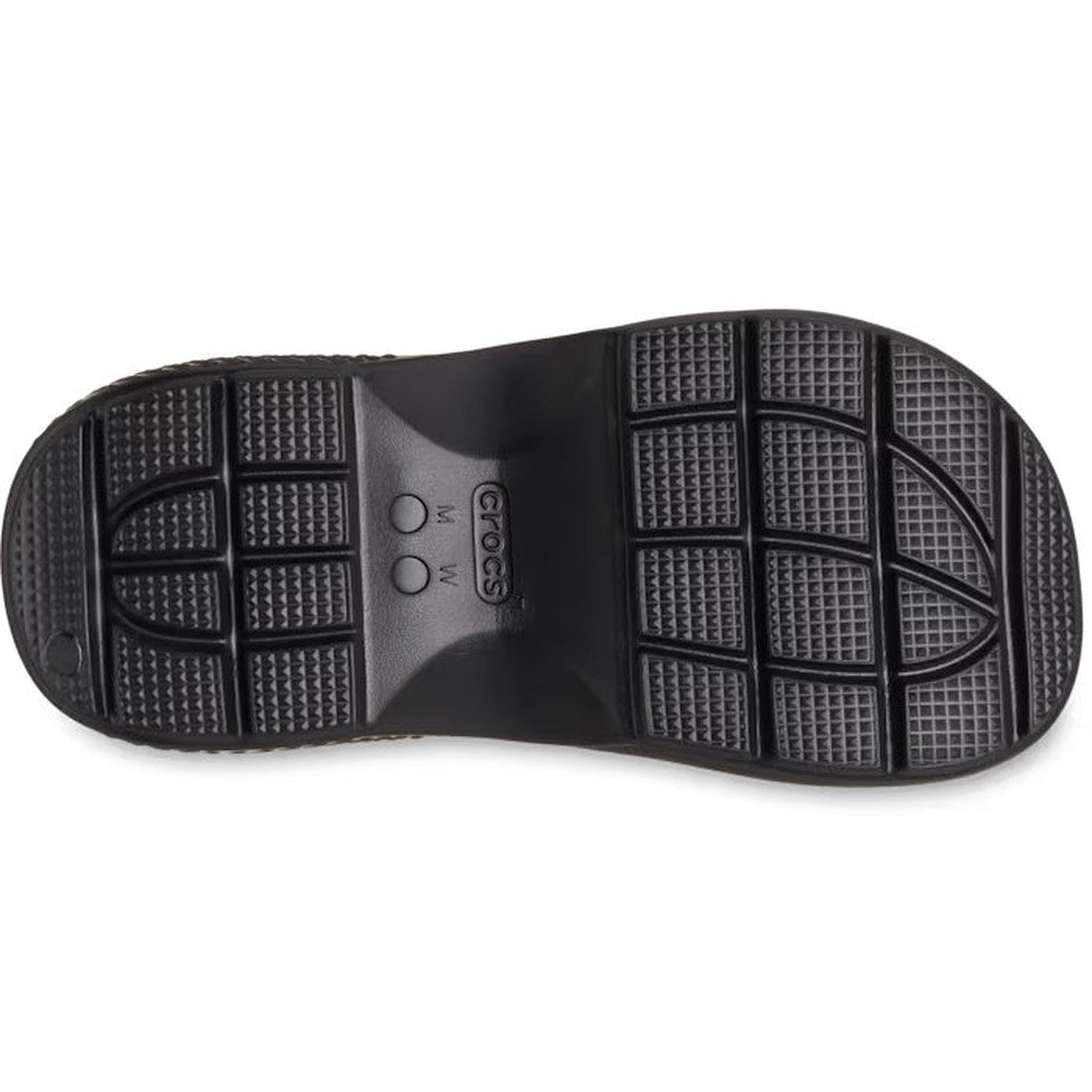 The image shows the chunky sole of the Crocs Stomp Classic Clog Adults Black Linen 2 Tone Platform, featuring a grid-like tread, Crocs logo, and M/W size labels—ideal for platform clog enthusiasts., 38834, 196265753932, 196265753949, 196265753956, 1962657