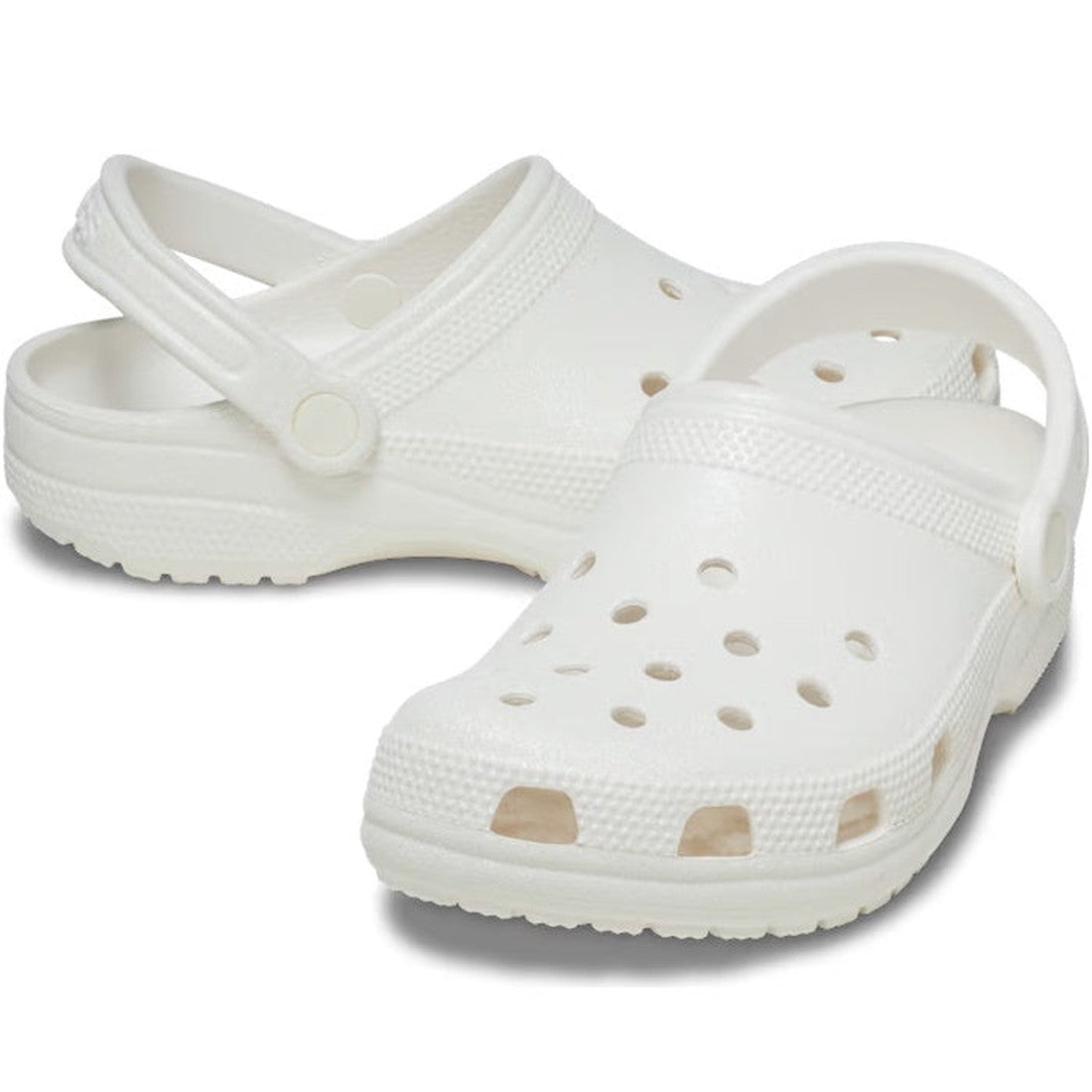 Crocs - Classic Clog Adults White Glitter CLEARANCE, a comfy slip-on with sparkling white finish, cushy sole, and secure heel strap.  ksnz