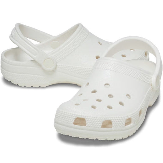 Crocs - Classic Clog Adults White Glitter CLEARANCE, a comfy slip-on with sparkling white finish, cushy sole, and secure heel strap.  ksnz