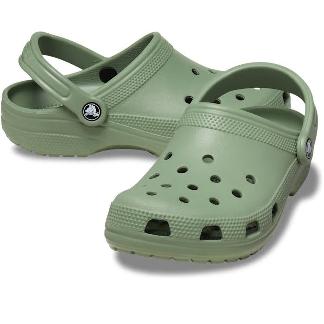 Crocs Classic Clog Moss Green shoes for all ages, featuring comfy cushioned soles, airy ventilation holes, and easy heel straps.  ksnz