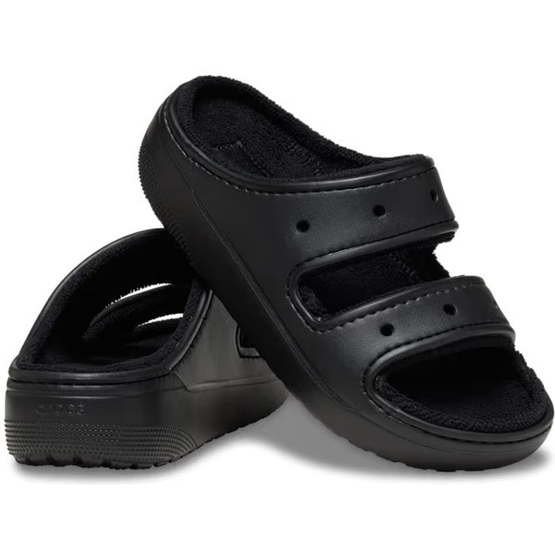 Crocs Classic Cozzzy Towel Sandal Slide Black Adults—easy slip-on slides, soft terry footbed, grippy sole, Jibbitz-ready design.  ksnz