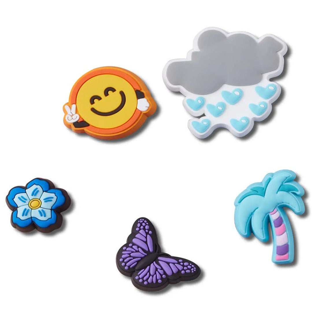 Add summer vibes to your Crocs with the Crocs Jibbitz 5 Pack - Chill Summer, featuring a smiling face peace sign, gray cloud with raindrops, blue flower, purple butterfly, and blue palm tree—perfect for decorating any pair., 196265284108