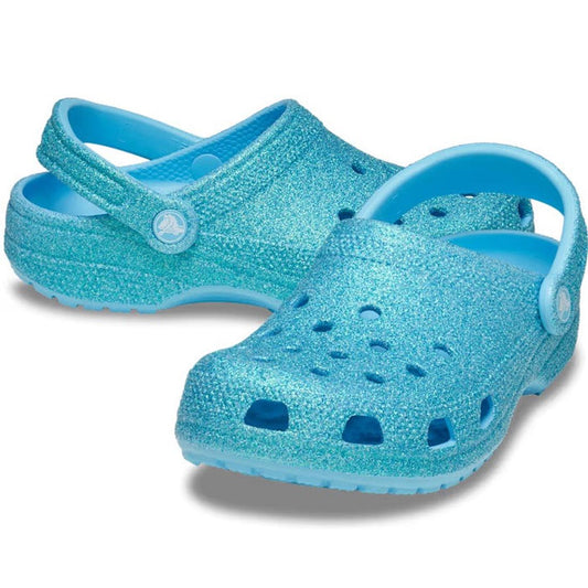 Crocs Classic Clog Iridescent Glitter Tinted Glass—blue sparkle clogs for adults, comfy sole, easy slip-on, secure back strap.  ksnz