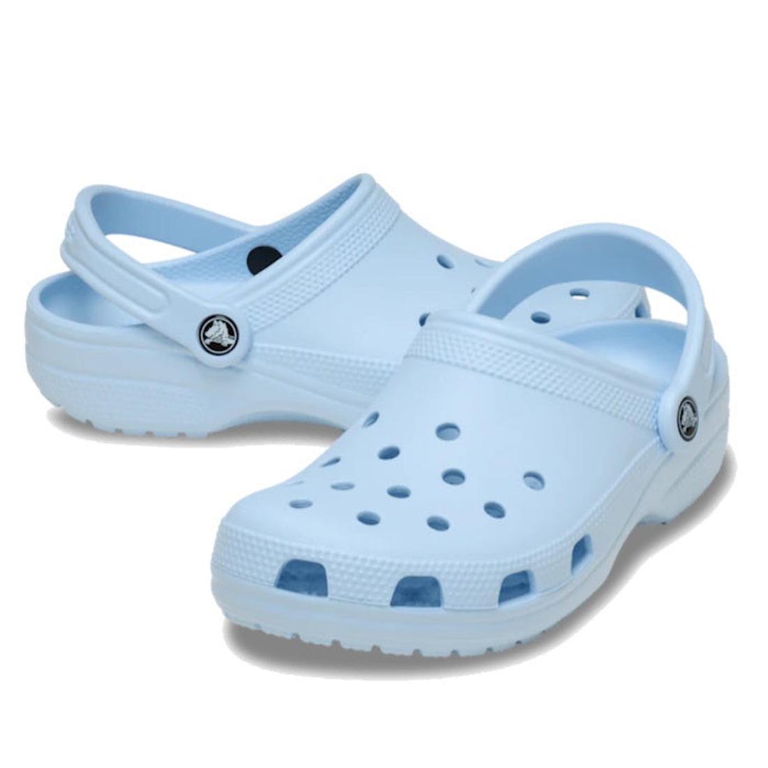 A pair of blue frost Adults Crocs Classic Clogs featuring a lightweight design with pivoting heel straps and ventilation ports.