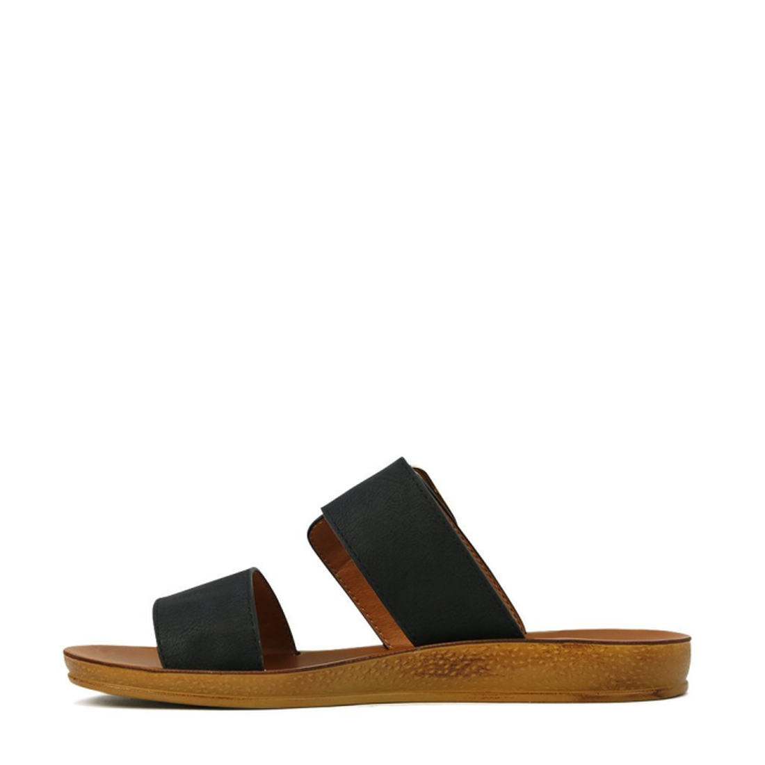 The Los Cabos Doti Black Light Flexible-Sandal features two black straps and a brown flat sole, shown in profile on a white background—ideal as your go-to summer sandal., 9321191045450, 9321191045467, 9321191045474, 9321191045481, 9321191045498, 932119104