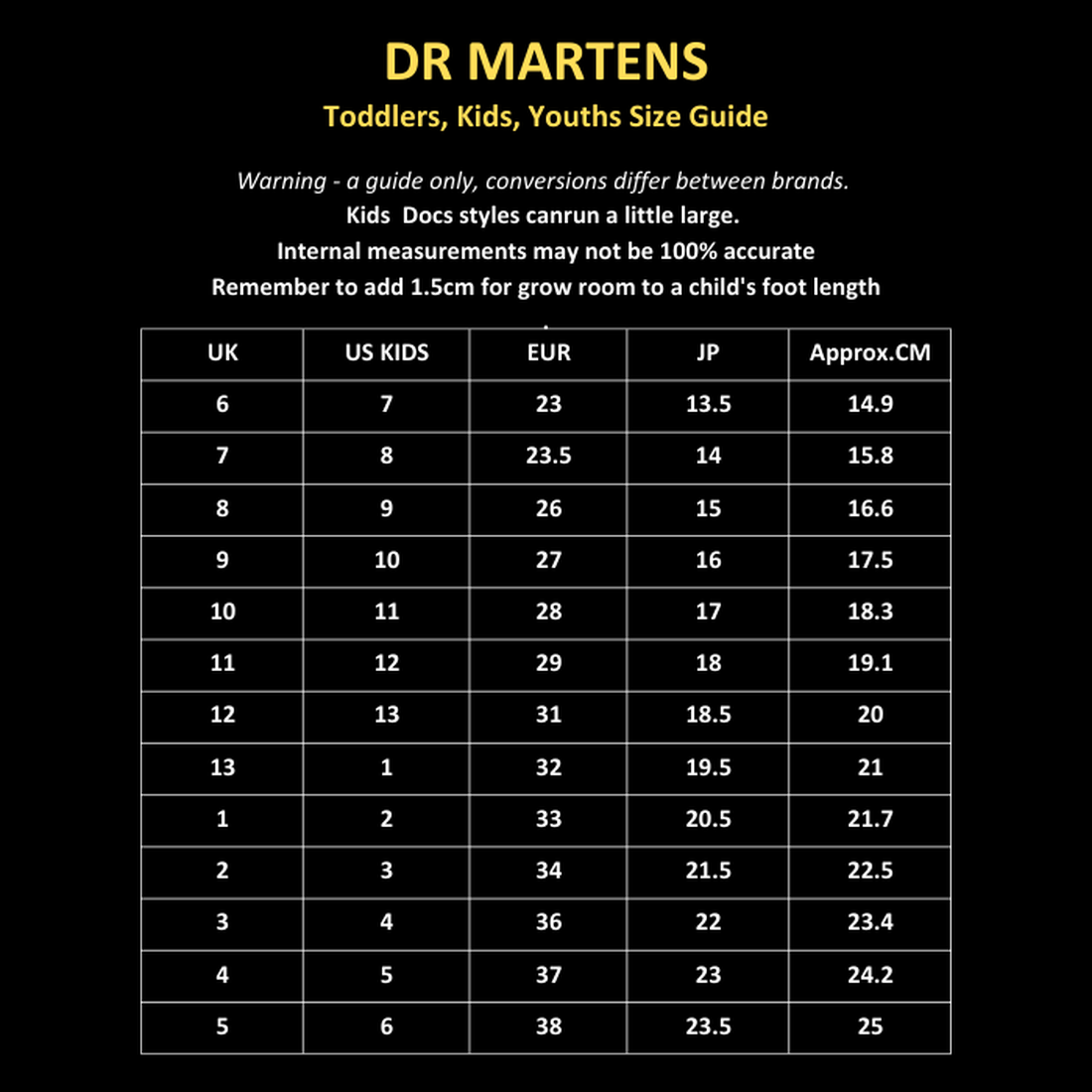 Dr. Martens 1460 J Black Lace Up Boot with zip kids' size chart for toddlers, children, and youth in UK, US Kids, EU, JP, and CM sizes. Kids styles run large; conversions can vary. Chart: black background with yellow & white text., 883985597518, 883985597