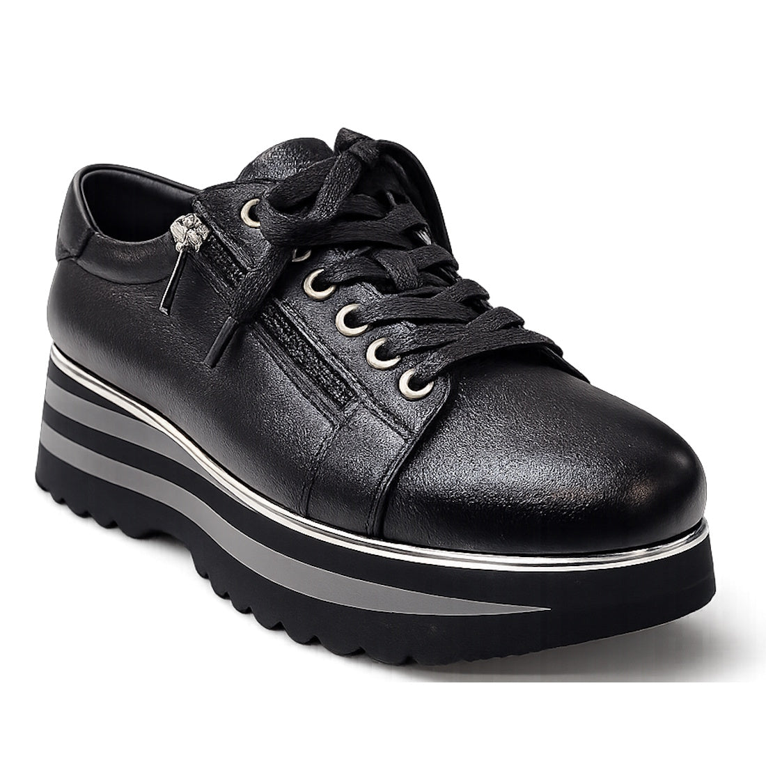 The Django & Juliette Eammes Black Leather Platform Shoe for women features black laces, a side zipper, silver eyelets, and a thick black and silver striped sole with wavy tread—perfect for women's leather platform shoe enthusiasts.