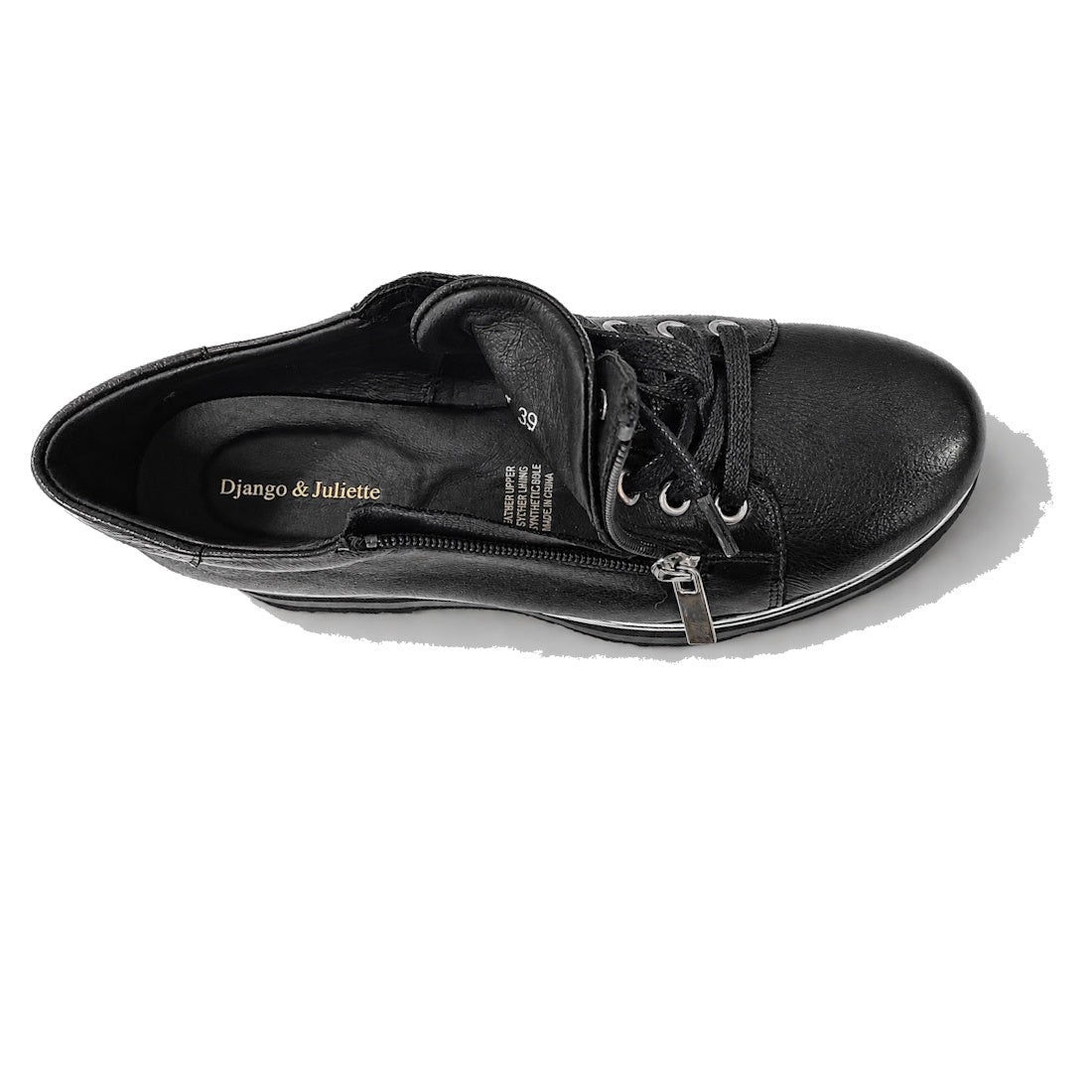 The Django & Juliette Eammes Black Leather Platform Shoe for women features a lace-up design with a side zipper, gold branding on the insole, and is shown from above on a white background with a faint shadow., 51089, 4434754993411, 4434756993428, 44347549