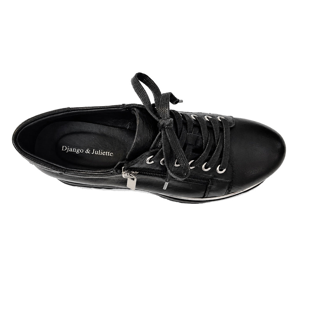 Top view of the Django & Juliette Eammes Black Leather Platform Shoe for women, showing lace-up detail, side zipper, and branded insole, photographed on a white background., 51089, 4434754993411, 4434756993428, 4434754993435, 4434754993442, 4434754993459,