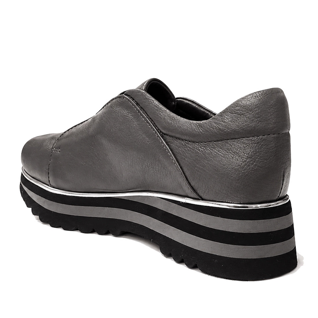 The Django & Juliette Ellore Charcoal Grey Leather Platform Shoe for women features a thick, striped black and grey sole and is shown from a rear side angle on a white background—ideal for those seeking stylish leather platform footwear., 51103, 443475433