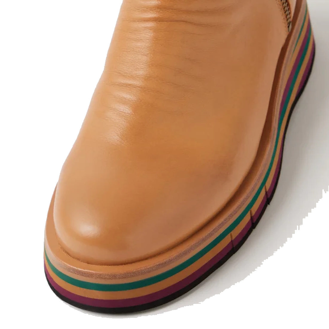 A close-up of the Django & Juliette Ganni Cognac Tan Green Leather Heeled Boot, featuring a rounded toe and a sole with colorful stripes in purple, green, orange, and black., 51110, 4434754550355, 4434754550362, 4434754550379, 4434754550386, 4434754550393