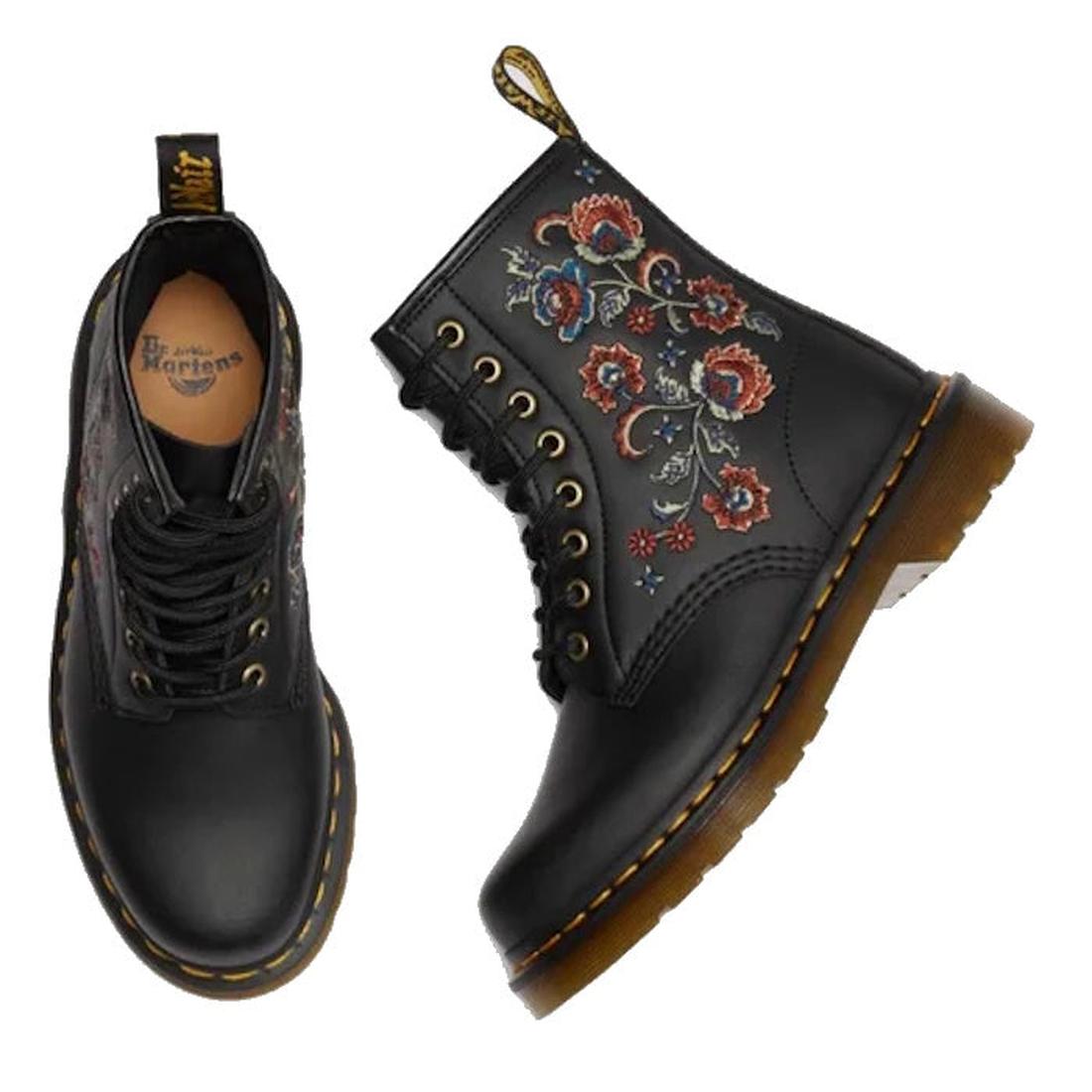 A pair of black Dr Martens 1460 Vonda TF Tavern Floral Genix Nappa Leather boots with yellow stitching and red-blue floral embroidery, shown from top and side views against a white background., 47991, 190665742619, 190665742626, 190665742633, 190665742657