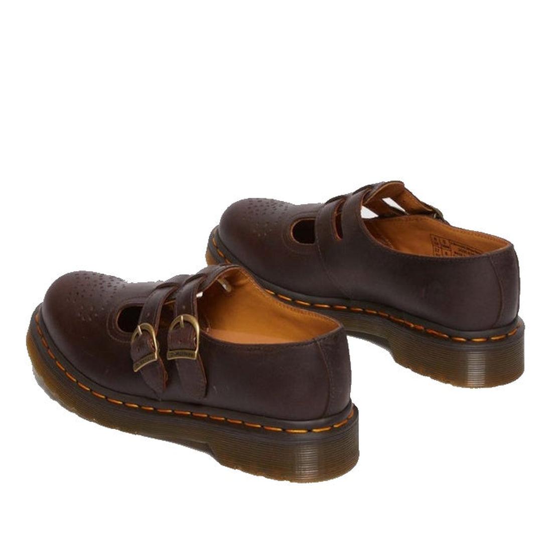 The Dr. Martens 8065 2 Strap Mary Jane Shoe in Crazy Horse Brown features a dual buckle design, perforated toe details, thick soles, and the brand’s signature yellow stitching., 190665588941, 190665588958, 190665588965, 190665588972, 13164654654, 19066558