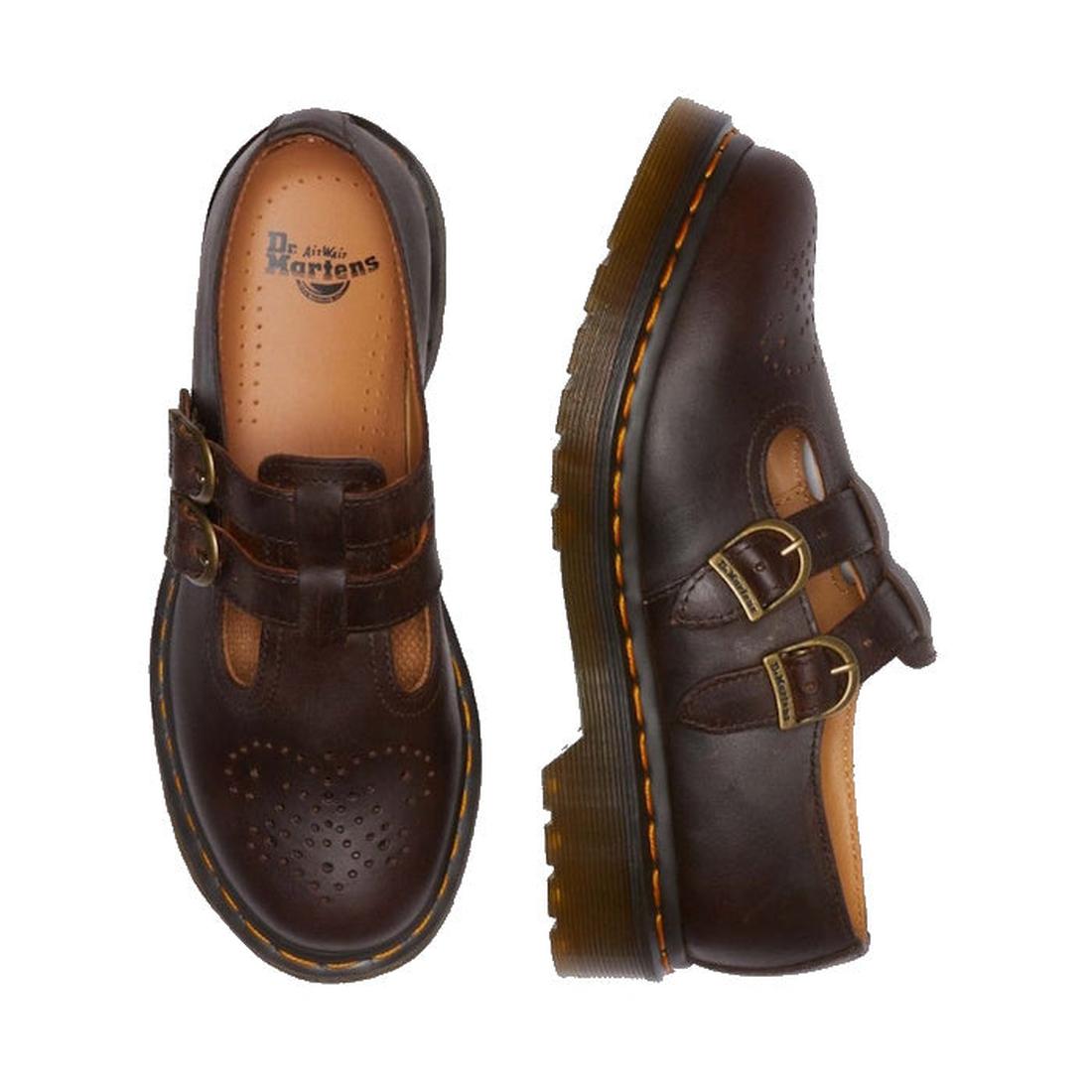 The Dr Martens 8065 2 Strap Mary Jane Shoe in Crazy Horse Brown features dual buckles, perforated toe detailing, and thick translucent soles with signature yellow stitching., 190665588941, 190665588958, 190665588965, 190665588972, 13164654654, 19066558899