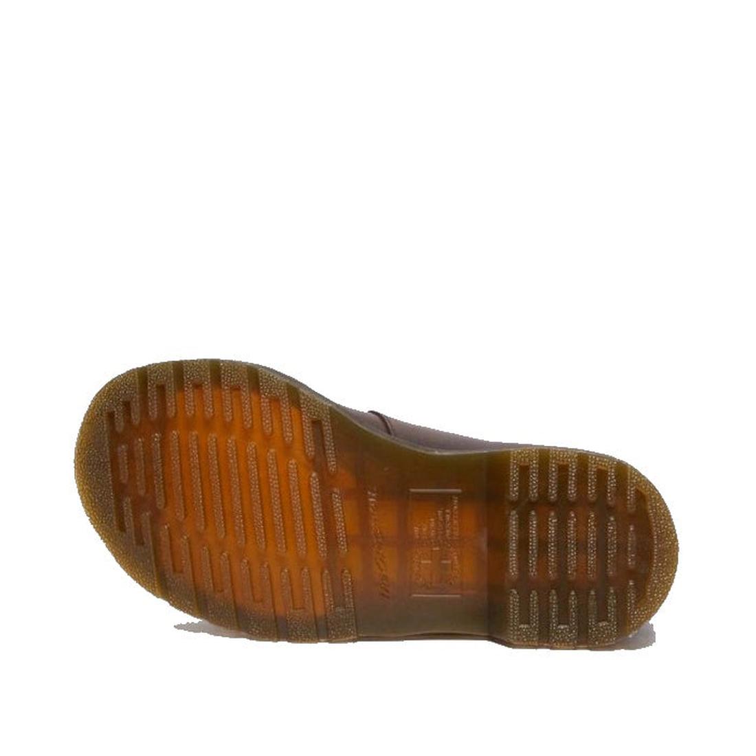 The image shows the bottom view of the Dr Martens 8065 2 Strap Mary Jane Shoe Crazy Horse Brown, featuring a dual buckle design and a translucent, textured rubber sole with horizontal grooves and tread for better grip., 190665588941, 190665588958, 1906655