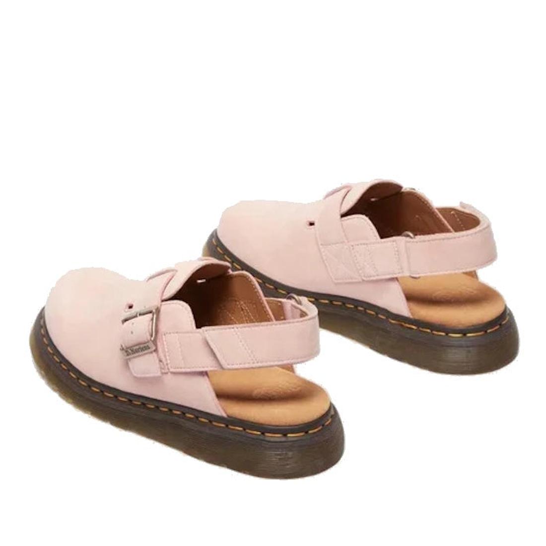 A view from the heels looking to the front of a pair of Dr Martens Jorge pink sandals mules with brown soles and velcro adjustable heel strap on a white background.,
190665705478,
190665705485,
190665705492,
190665705515,
190665705522,, 45123, 19066570547