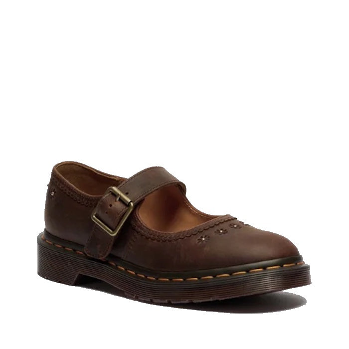 Dr Martens Mary Jane Flower in dark brown: comfy kids' shoes with secure buckle strap, flower details, sturdy sole, and yellow stitching.  ksnz