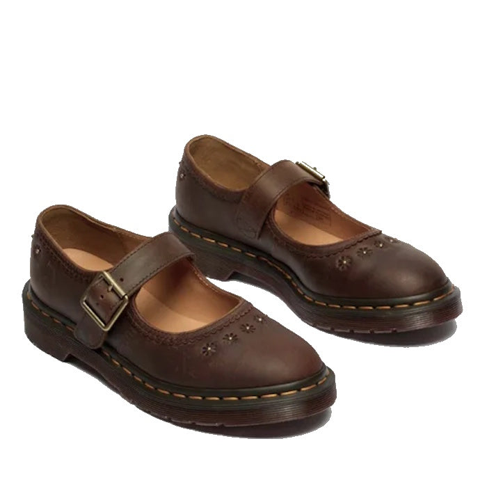 Dr Martens Mary Jane Flower shoe in dark brown, with a comfy buckle, cute stitching, and sturdy black sole with yellow trim.  ksnz, 52079, 190665785531, 190665785548, 190665785555, 190665785579, 190665785586, 190665785593