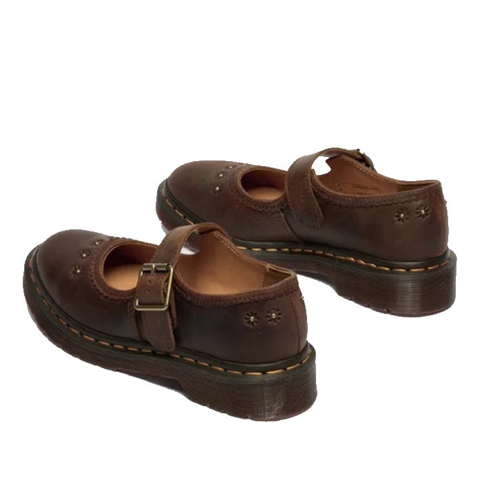 Dr Martens Mary Jane Flower in Dark Brown Crazy Horse, classic buckle closure, sturdy soles, and stylish stitching for kids' comfort.  ksnz, 52079, 190665785531, 190665785548, 190665785555, 190665785579, 190665785586, 190665785593