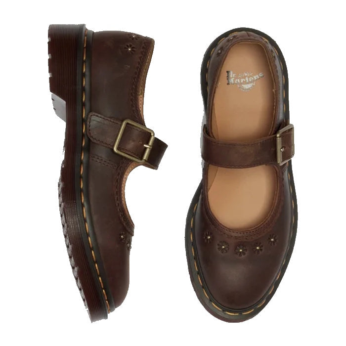 Dr Martens Mary Jane Flower Dark Brown Crazy Horse shoes—cute buckle-strap flats with sturdy soles and pretty toe stitching shown side & top.  ksnz, 52079, 190665785531, 190665785548, 190665785555, 190665785579, 190665785586, 190665785593