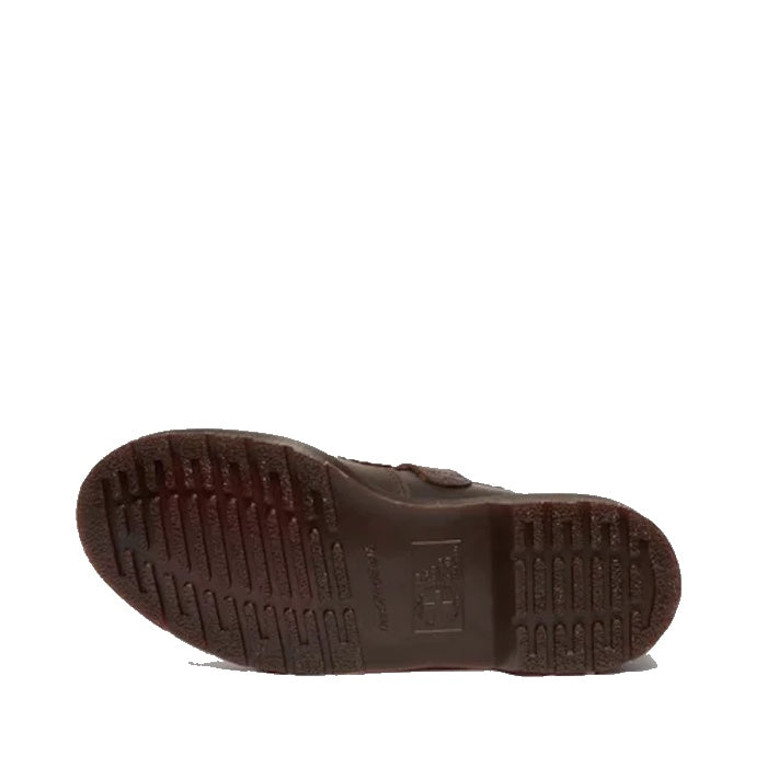 Dr Martens Mary Jane Flower in dark brown Crazy Horse leather, featuring a secure strap and grippy textured sole, seen from below.  ksnz, 52079, 190665785531, 190665785548, 190665785555, 190665785579, 190665785586, 190665785593