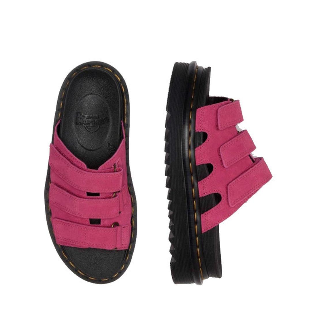 Two Dr Martens Raine Fuchsia Pink Greasy Suede Leather Slides with black chunky EVA Zebrilus soles, shown from top and side views, feature three adjustable straps and yellow stitching along the sole's edge., 47985, 190665750270, 190665750287, 190665750300