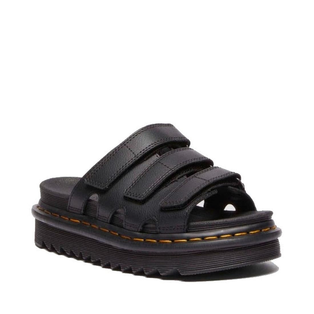 The Dr Martens Raine Slide Sandal Black Athena Leather features PU-coated leather, three adjustable straps, a thick grooved EVA sole, and signature yellow stitching.