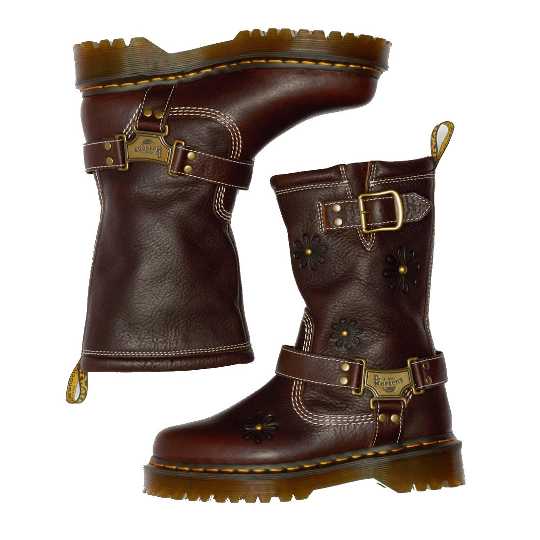 The Dr Martens Anistone Hi Flower Bex Grizzly Dark Brown boots feature yellow stitching, floral embossing, buckles, metal plaques, rugged soles, and back pull tabs for a biker-inspired look., 52349, 190665773651, 190665773668, 190665773682, 52353, 52354, 