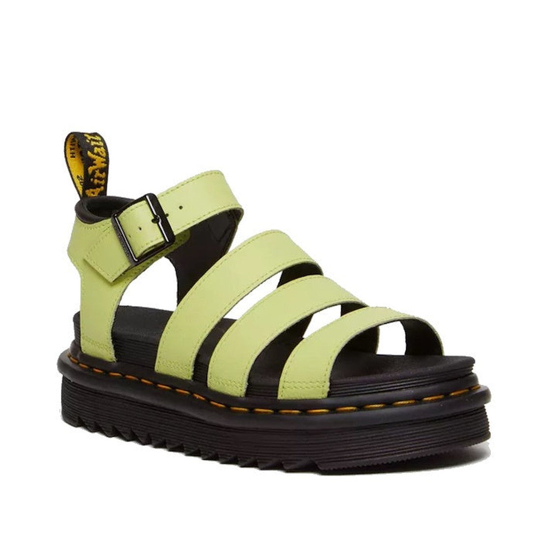 The Dr Martens Blaire Lime Green Athena 3 Strap Sandal features Athena leather in lime green, a rugged black sole, yellow stitching, an ankle buckle, and a black-and-yellow back pull tab.