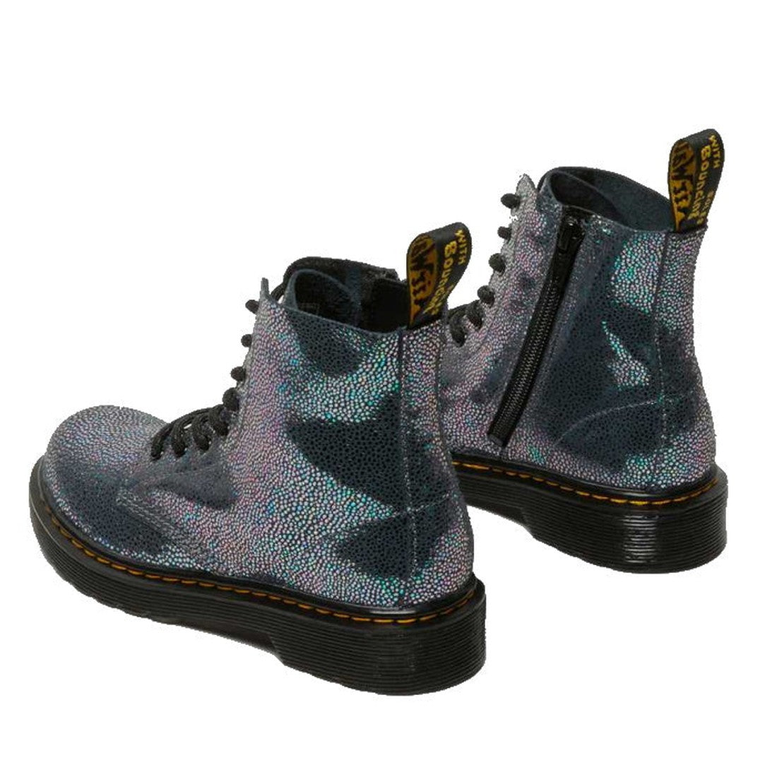 The Dr Martens Kids 1460 J Iridescent Metallic Kidray Boot is shown from the back and side, featuring glittery, iridescent uppers, black soles, side zippers, and yellow-branded heel loops against a white background., 190665432046, 190665432060, 1906654320