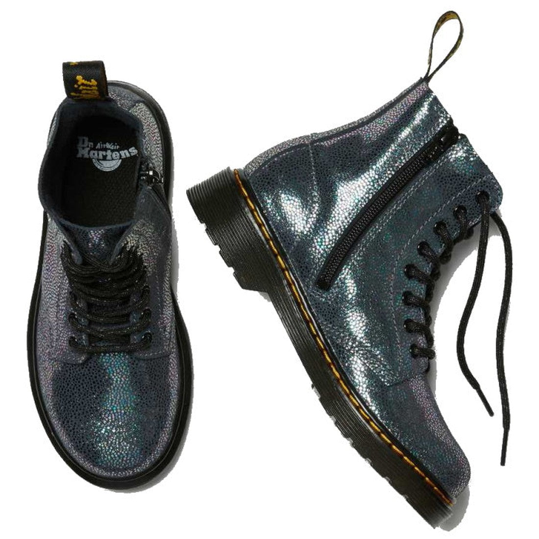 The Dr Martens Kids 1460 J Iridescent Metallic Kidray Boot features a metallic blue finish, black soles, and yellow stitching—ideal standout leather boots for kids, shown from the top and side., 190665432046, 190665432060, 190665432084, 165432091906, 1906