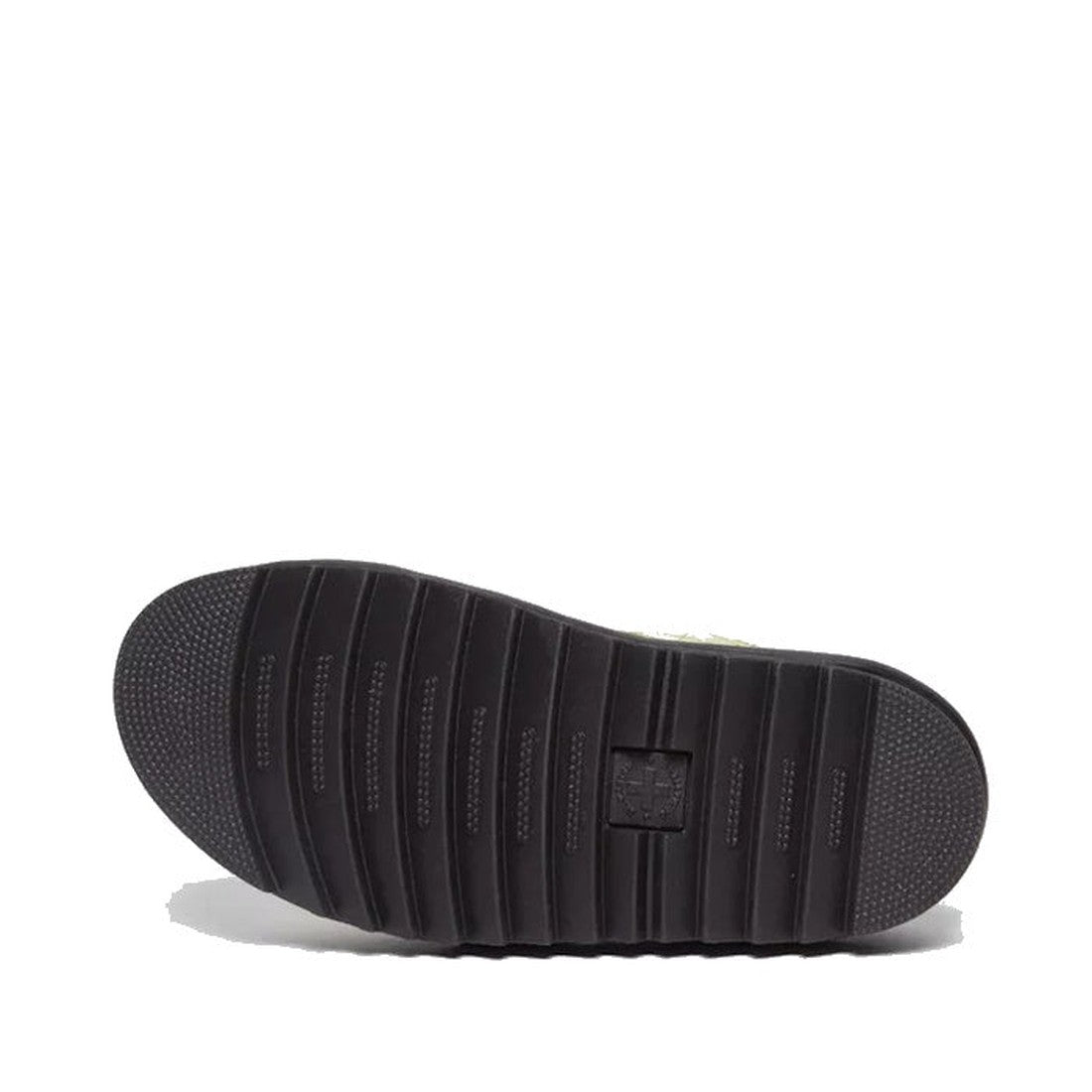 The image shows the black rubber sole of a Dr Martens Voss II Cross Strap Sandal Distressed Patent Lime Green, featuring horizontal grooves and a rectangular logo under the arch, with the sole facing upward against a white background., 41508, 41509, 19066