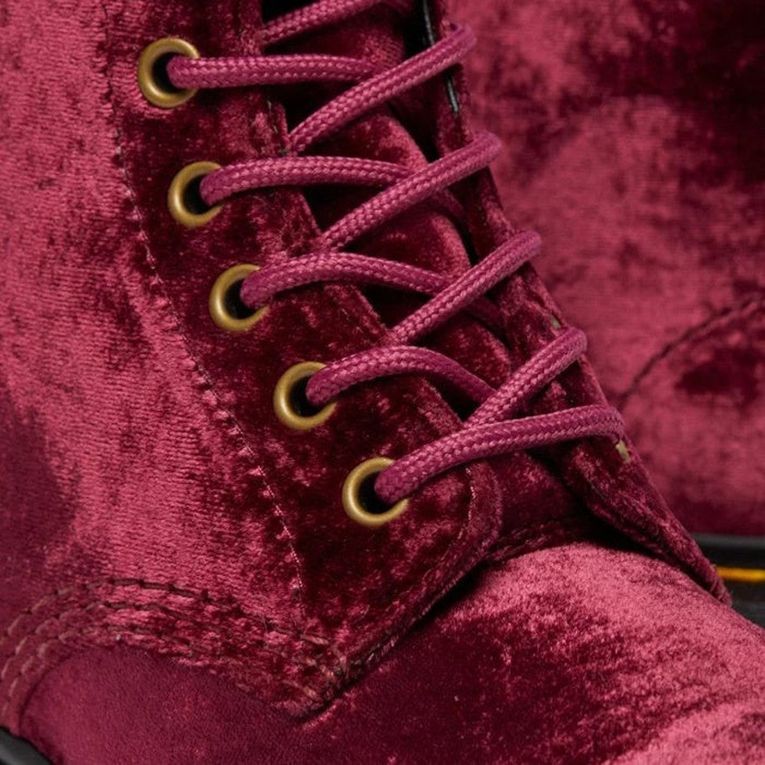 Close-up of the Dr Martens 1460 Vegan Pascal Cherry Red Velvet 8 Eye Boot, featuring gold eyelets, matching laces, and a plush vegan velvet texture for a grunge-inspired look., 42020, 190665660616, 190665660623, 190665660630, 190665660654, 190665660661, 1