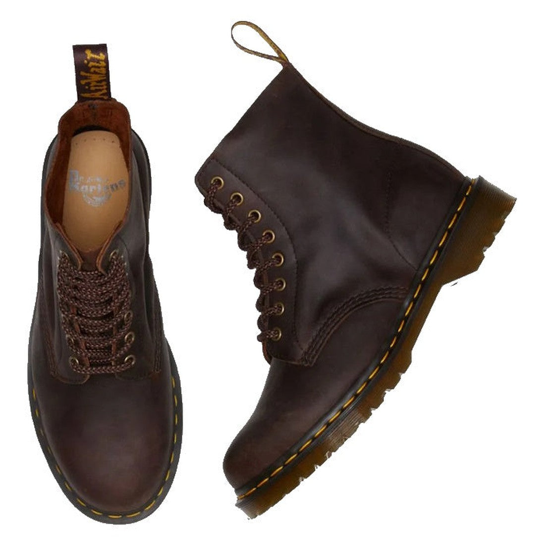 Dr Martens 1460 Pascal boots in chestnut brown leather, with sturdy lace-up front, chunky sole, yellow stitching, and pull tab.  ksnz, 190665542448, 190665542387, 190665542400, 190665542417, 190665542424
