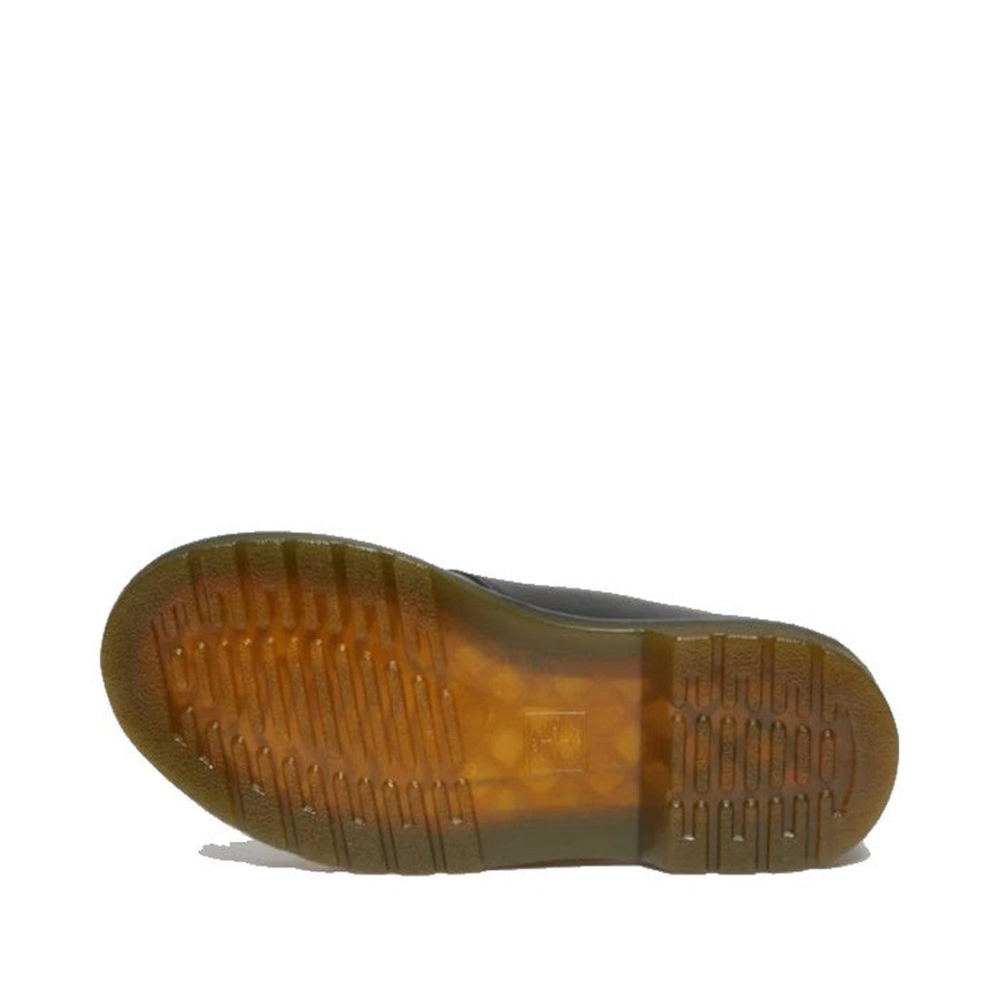 The image shows the bottom view of the Dr Martens Kids 8065 J Black Softy T Mary Jane Leather Shoe, highlighting its translucent brown air-cushioned sole with a textured tread for grip and durability, set against a white background., 41982, 41983, 1906655