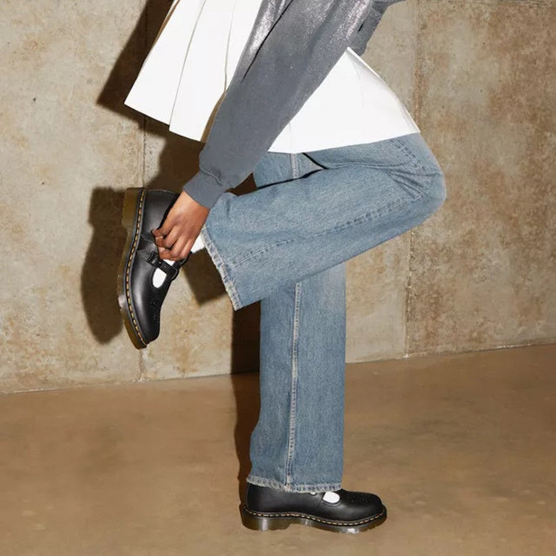 A child models Dr Martens 8065 Mary Jane in black Virginia soft leather, featuring two buckle straps and sturdy soles, with white socks.  ksnz, 190665588309, 190665588316, 190665588323, 190665588347, 190665588354