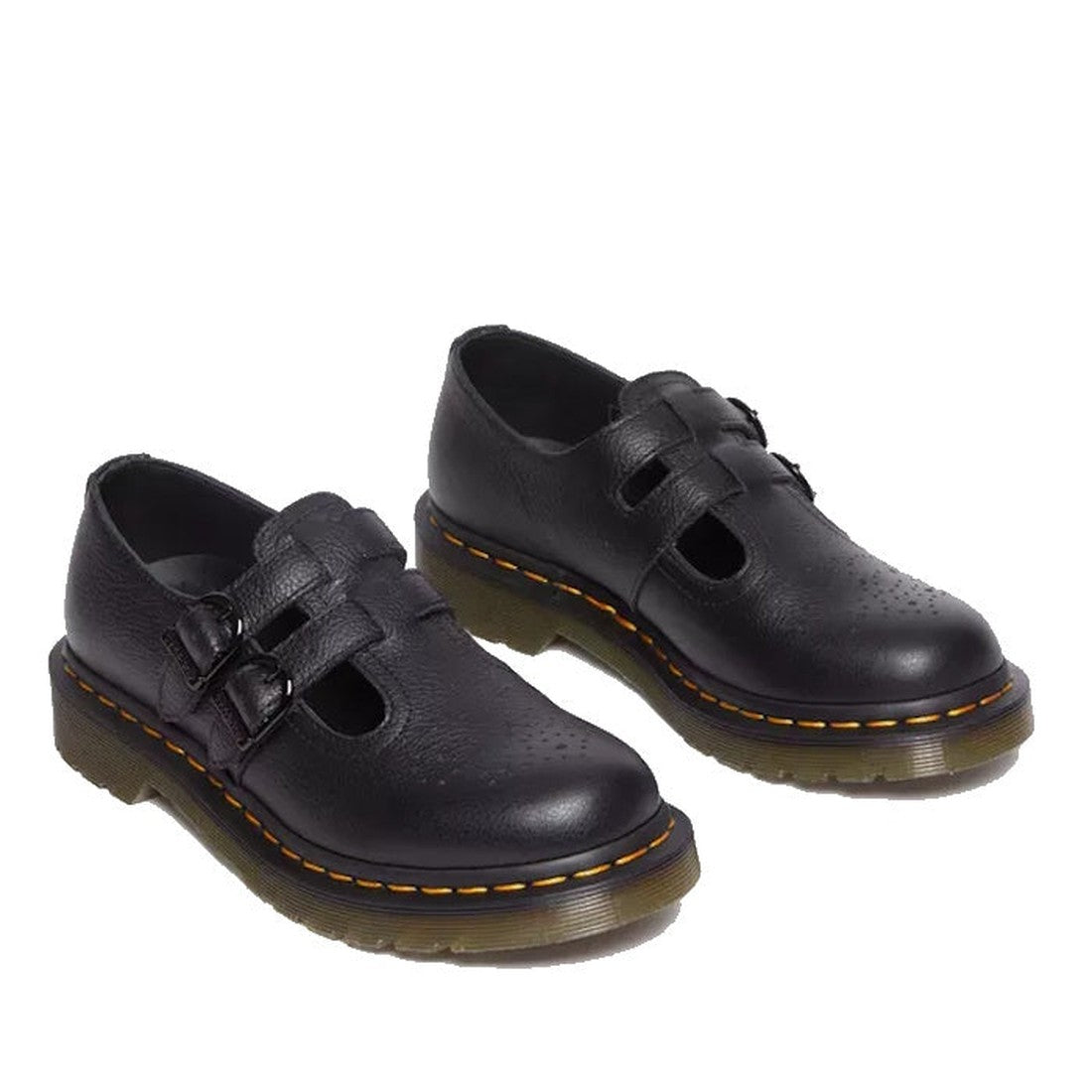 Dr Martens 8065 Mary Jane in black leather, with comfy thick soles, double buckle straps, and yellow stitching—perfect for school or play.  ksnz, 190665588309, 190665588316, 190665588323, 190665588347, 190665588354