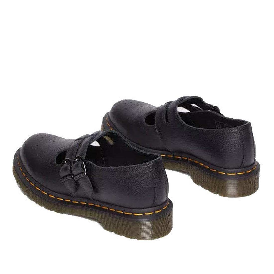 Dr Martens 8065 2 Strap Mary Jane in black leather, double buckle closure, round toe and sturdy yellow-stitched sole for kids.  ksnz, 190665588309, 190665588316, 190665588323, 190665588347, 190665588354